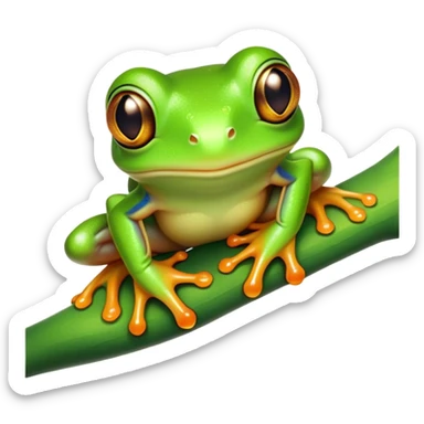 Cinematic Cute Green Tree Frog Portrait Emoji, Head tilted playfully and inquisitively, featuring a charmingly compact form with vivid green, slightly textured skin, prominent sticky toe pads, and round, sparkling eyes full of playful wonder, Simplified yet irresistibly adorable features, highly detailed, glowing with a warm, inviting jungle glow, high shine, affectionate and lively, stylized with a touch of tropical whimsy, soft glowing outline, capturing the essence of a mischievous yet loving frog that seems as if it could hop out of the screen into your arms! sticker