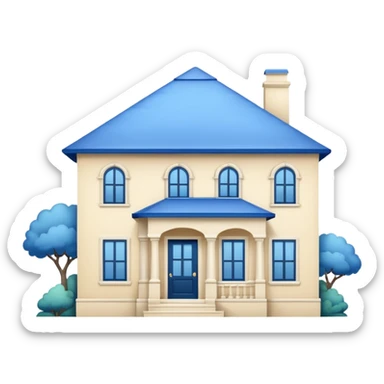 a creamy-colored house with blue trim and a blue roof sticker