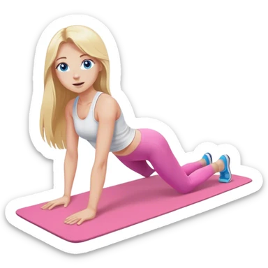 A cinematically realistic blonde with long hair and blue eyes, dressed in a white top and pink leggings, performs a sports exercise on a mat sticker