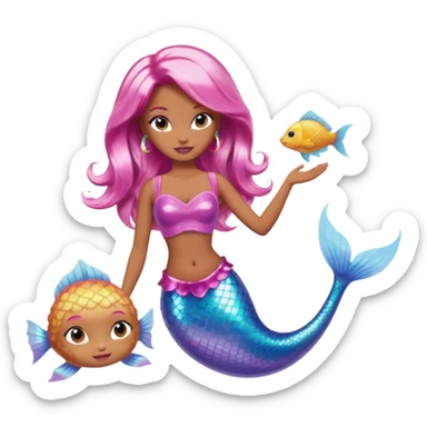 Brown skin blonde hair barbie mermaid with holographic tail and pink hair with pufferfish sticker