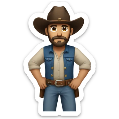 a rugged cowboy with a thick beard, wearing a blue vest over a classic western shirt and a brown belt with a silver buckle. He should have a confident stance, showing full torso sticker