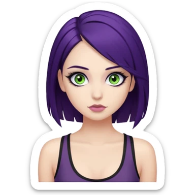 alternative girl with dark purple hair and big eyelashes, beautiful makeup and greenish grey eyes, straight eyebrows & wearing a low cut black tank top sticker