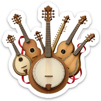 Design a complex and festive emblem-like emoji representing plucked string instruments, such as a banjo, mandolin, domra, sitar, and similar instruments. The composition should resemble a heraldic crest, with the instruments arranged symmetrically and gracefully, their necks intertwining with a flowing ribbon of musical notes. The ribbon should weave through the strings and headstocks, symbolizing the harmonious connection between the instruments. Use detailed engraving on the instrument bodies and fretboards to emphasize their craftsmanship. Incorporate rich, celebratory colors like gold, mahogany brown, deep green, and vibrant accents. Add subtle shading and light reflections to create a three-dimensional, polished look. Include ornate elements like swirls, laurel leaves, and decorative flourishes to enhance the festive and professional appearance. The background should be transparent to highlight the emblem as a standalone piece. sticker