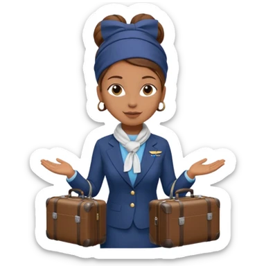 flight attendant, Light Brown skin, brown hair in single bun, neck scarf, suitcase sticker