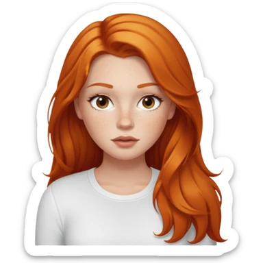 A white girl with freckles long lashes plump lips and ginger long hair pretty and she’s wearing a white shirt full body sticker