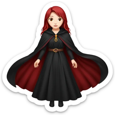 a beautiful woman with long red hair reaching her waist, hazel eyes, and wearing a black cloak sticker