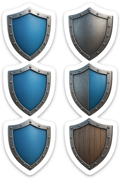 6 scudi 3d che simboleggiano "difesa e protezione", realistici in 3d fluttuano in aria, iperrealistico 4k sticker