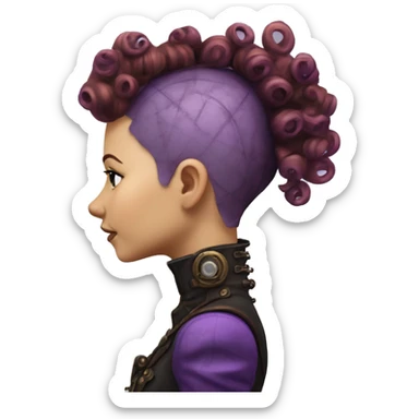 Photorealistic steampunk profile short mohawk purple  curl on Caucasian girl with small nose round face sticker
