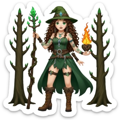 full body view of a woman with long curly brown hair, brown eyes, white skin, tattoos, wearing a forest witch outfit with high boots and rune belt, casting green flame from her hand sticker