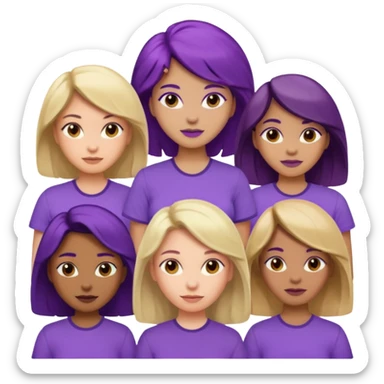 women with various hair types and skin tones, purple shirt, one of each type in a group sticker