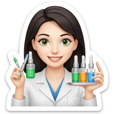 A smiling beautician with cold fake smile, calculating eyes, pointing at your cheek while holding 5 expensive serum bottle. predatory vibe.A face with a fake sweet smile, but the face is slowly consumed by shadows creeping from below. Only the cold, calculating eyes are visible in the dark sticker