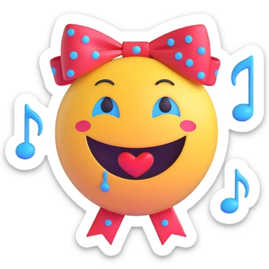 3D smiley emoji, large eyelashes, red polka dot bow, in love, heart-shaped pupils, blue eyes, musical notes sticker