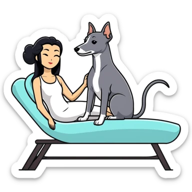 Very thin Chinese woman with long black hair relaxing on a spa lounger with exactly ONE whippet dog. EXTREME IMPORTANCE: the whippet must have a COMPLETELY GREY FACE with ABSOLUTELY NO WHITE MARKINGS anywhere on its face, muzzle, or nose. The entire dog must be ONE SOLID VERY DARK CHARCOAL GREY COLOR from nose to tail with NO WHITE or LIGHT AREAS anywhere - NO white on face, NO white on muzzle, NO white on chest, NO white on paws, NO white on tail - NOTHING BUT A SINGLE SHADE OF VERY DARK GREY throughout the entire animal sticker