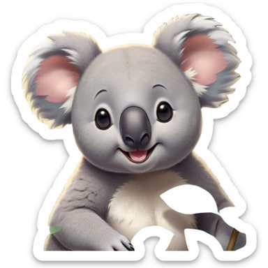 Cinematic Comical Koala Portrait Emoji, Head tilted dramatically with an exaggeratedly amused expression, featuring a quirky grey fur with a comically large black nose and wide, expressive eyes filled with playful disbelief, Simplified yet hilariously expressive features, highly detailed, glowing with a slightly sassy glow, high shine, dramatic yet playful, stylized with an air of cheeky eucalyptus mischief, bright and endearing, soft glowing outline, capturing the essence of a spirited and over‐the‐top koala, so meme‐worthy it feels like it could hug its way into internet fame instantly! sticker