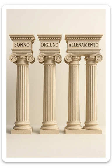 5 pilastri con le scritte "SONNO", "DIGIUNO", "ALLENAMENTO", "INTESTINO", IMMAGINE IPERREALISTICA SFONDO CHIARO IN ITALIANO sticker