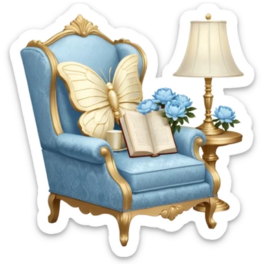 A cozy vintage-inspired reading nook, with an overstuffed ivory armchair, a golden reading lamp, and a bouquet of soft blue roses, white peonies, and dahlias resting on a small lace-covered side table, as a pearl butterfly gently rests on the open book.  sticker