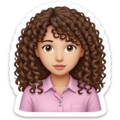 A Latina girl with brown eyes and long loose curly hair with curly bangs with a light pink shirt sticker