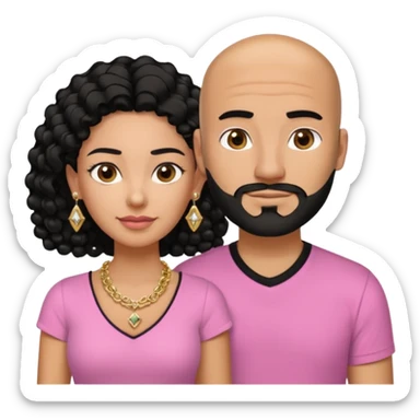 A picture if a couple. the man is a Mexican man with tanned skin, black hair, a bald hair cut, short boxed beard, and wearing a black shirt. the woman is mixed with black and white, with brown curly long hair, gold diamond earrings, a gold chain necklace and wearing a pink shirt on with big boobs sticker