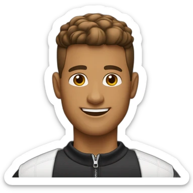 Smiling guy, barber fade haircut, wearing a black quarter zip sweater with white tee shirt under, tan skin tone, working on Mac book sticker