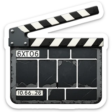Minimalist emoji-style sticker of a cracked movie clapperboard with the date “06/06/66”, faint scorched marks, all in grayscale


 sticker