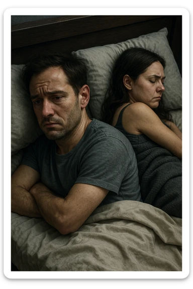 Vertical, hyper-realistic 3D cutaway illustration: uomo con difficoltà con la propria compagna nel letto, faccia depressa sticker