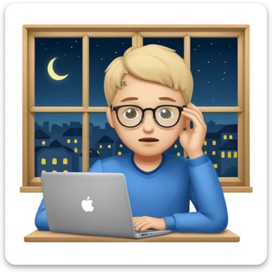 tired student with laptop, rubbing eyes, window at night behind sticker