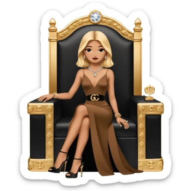 Lilith symbol light brown eyes. Woman of justice and power. Shoulder  length blonde haired  woman with Gucci and Chanel  bags next to her. Wearing long brown and black elegant dress with slit, sitting on a Chanel throne and diamonds everywhere around her. Black Platform high heels on feet. Chanel  sticker