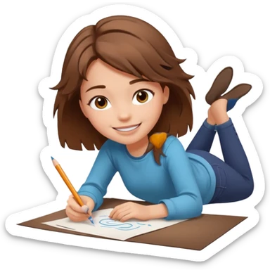 a girl who is getting on the ground and drawing cute herself on a paper  sticker
