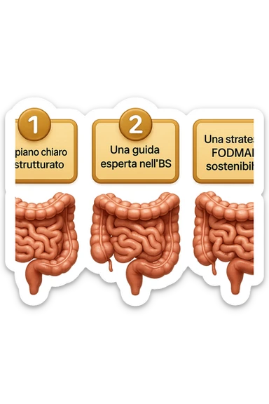 emoji stile iphone di 3 targhette numerate con intestino realistico davanti ad ogni targhetta, le targhette sono:
"1 – Un piano chiaro e strutturato
2 – Una guida esperta nell’IBS
3 – Una strategia FODMAP sostenibile"
, iperrealistico 4k sticker