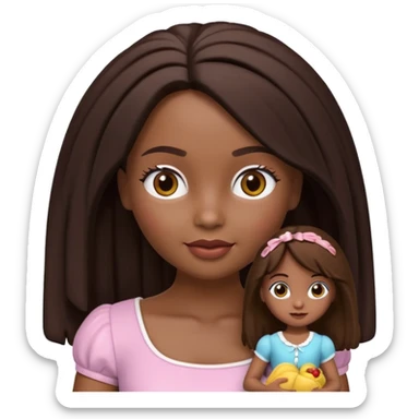Boneca digital em estilo 3D realista e fofo, semelhante a uma boneca colecionável. Mulher jovem com pele negra, olhos castanhos escuros, cabelo liso cor chocolate, longo e bem alinhado.  sticker