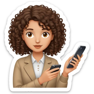 brunette girl with curly medium length hair, brown eyes, slightly tan skin, holding a phone sticker