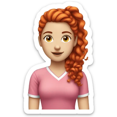 a white girl with long red curly hair in a pony tail with rainbow shirt being cute sticker