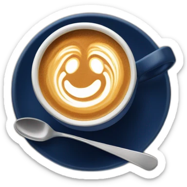 Flat white coffee with beautiful latte art in a dark blue cup with no handle sticker