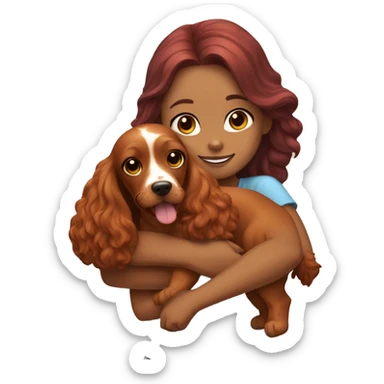 A very cute girl with red hair cuddling a happy caramel-brown English Cocker Spaniel. sticker