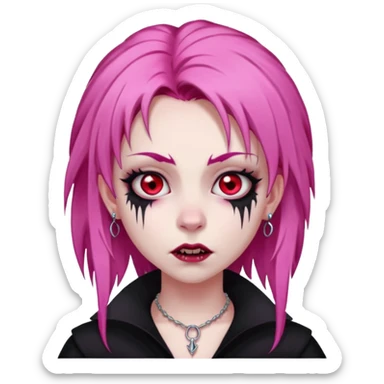 girl, pale vampire, pink hair, very long, shaggy, dark, spooky,double eyebrow dermal piercing, creepy expression sticker