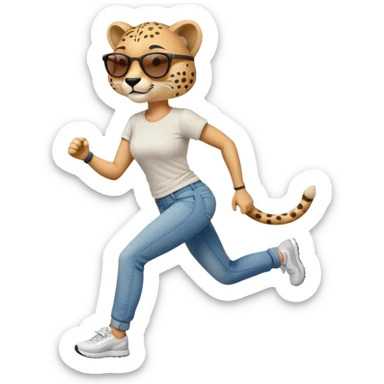 friendly anthropomorphised female cheetah in jeans and t-shirt, wearing dark sunglasses, jogging upright in standard pose sticker