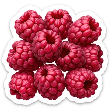 small cluster of whole dried raspberries with deep red to burgundy tones, wrinkled surfaces, hollow airy centers, matte slightly crisp texture, natural irregular shapes, no bowl or extras, soft lighting, subtle shadows, emoji scale sticker