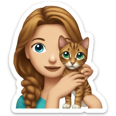 a beautiful girl with green eyes and brown hair is holding a Bengal cat with blue eyes in her arms sticker