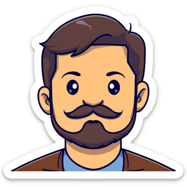 close-up of man face only with mustache and beard, medium eyes, medium light skin tone, dark hair, no neck visible, just the face sticker