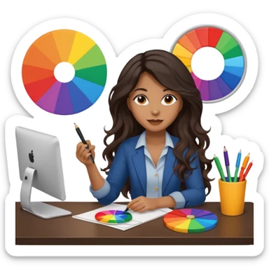 female dark wavy long hair graphic designer , holding color wheel , pens, papers, desktop sticker