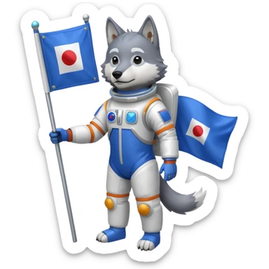 a wolf in space suit, holding blue rectangle flag, full body sticker