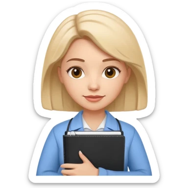 Cute female psychologist character, friendly and professional, holding a notebook, therapy office background, cartoon style, white background sticker