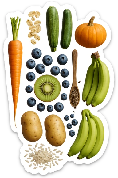 carota, fiocchi di avena, zucchine, kiwi, mirtilli, semi di chia, patate, banane acerbe, zucca, riso fluttuano in aria verticalmente, iperrealistici 4k sticker