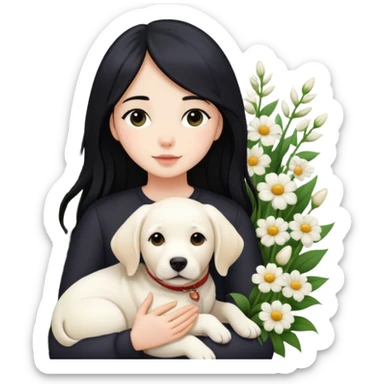A girl with long black hair is holding a white Labrador in the flowers sticker
