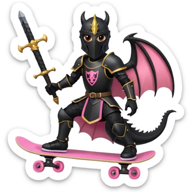 zwarte ridder met een zwarte zwaart en een zwarte schild met een zwarte draak op en hij skate met een roze skatebord sticker