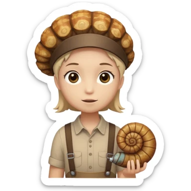 Shelly has a small, chibi-style body with a large ammonite-shaped head that looks like a beige fossil shell. One side of her head has a dark opening, making it clear she isn’t human. Her face is simple and soft, with big round eyes. She wears a brown suspender outfit over a lighter shirt sticker