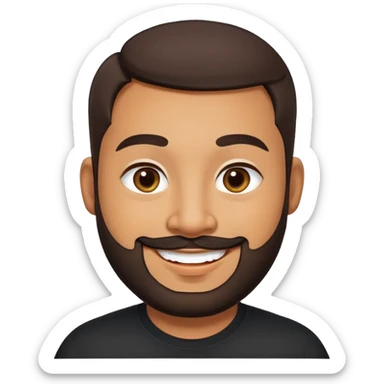 Heavier-set producer with light brown skin, pear-shaped face, full cheeks, big cheerful smile, warm inviting eyes, thick eyebrows, wide nose, short well-groomed beard, very short dark hair, wearing a black shirt sticker