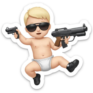 Baby in diaper with black sunglasses shooting machine guns in the air jumping left to right  sticker