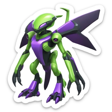 a shiny black-green-purple Genesect-Flygon-Raptor-Fakémon-Medabot-hybrid with a futuristic visor-helmet full body sticker