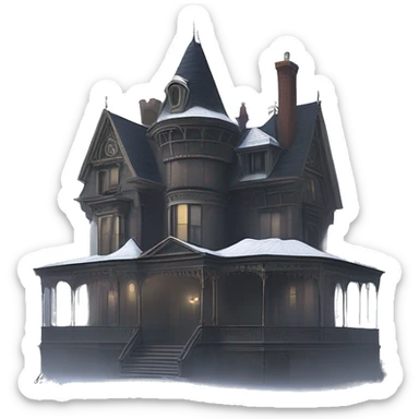 Fantastic Wide full view, A very roomy ramshackle Victorian Addams’s mansion looms through light fog at noon  sticker